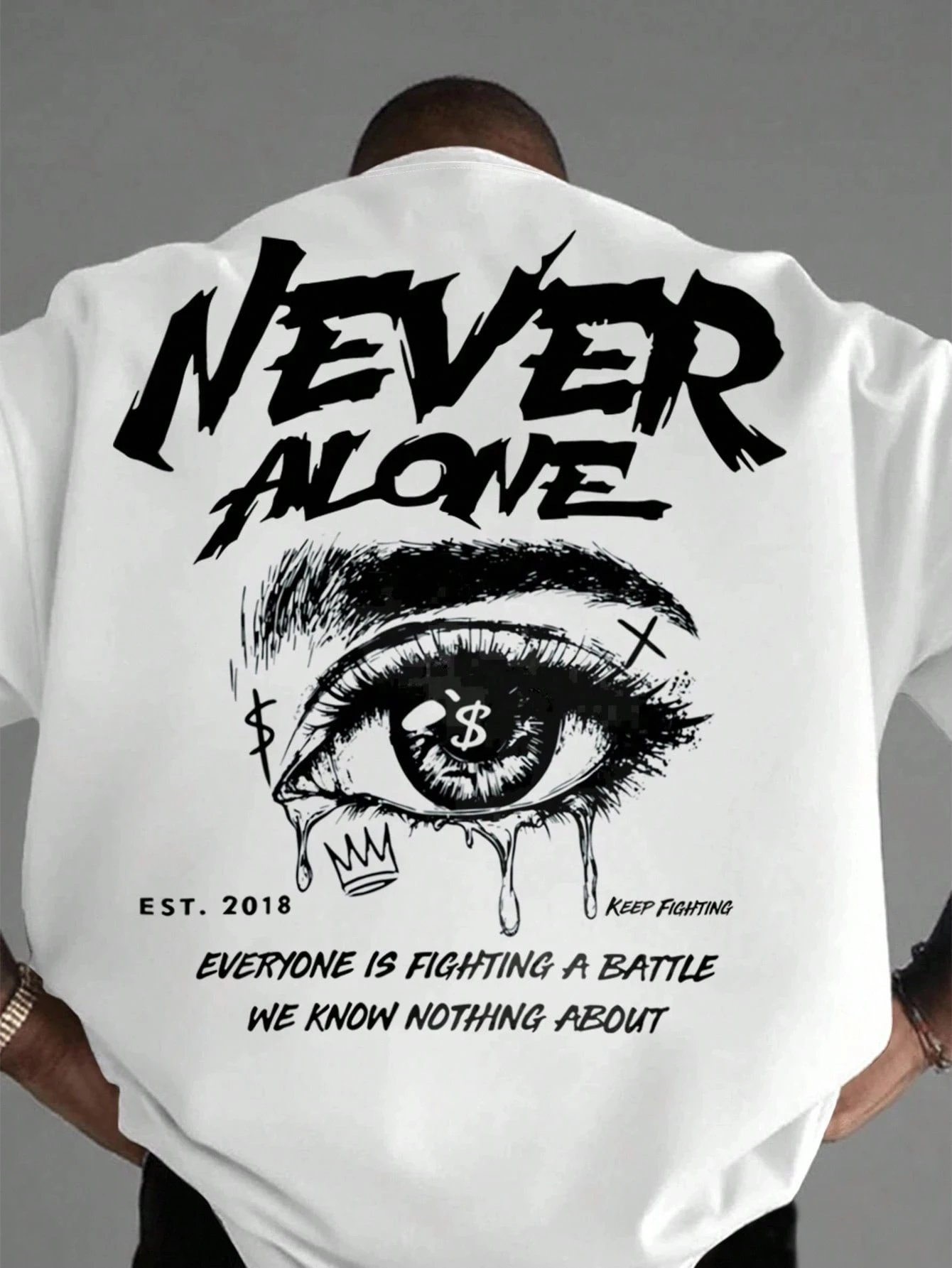 Men's 100% pure cotton fashionable casual loose with Eye Shaped Slogan Print round neck short sleeved T-shirt versatile top