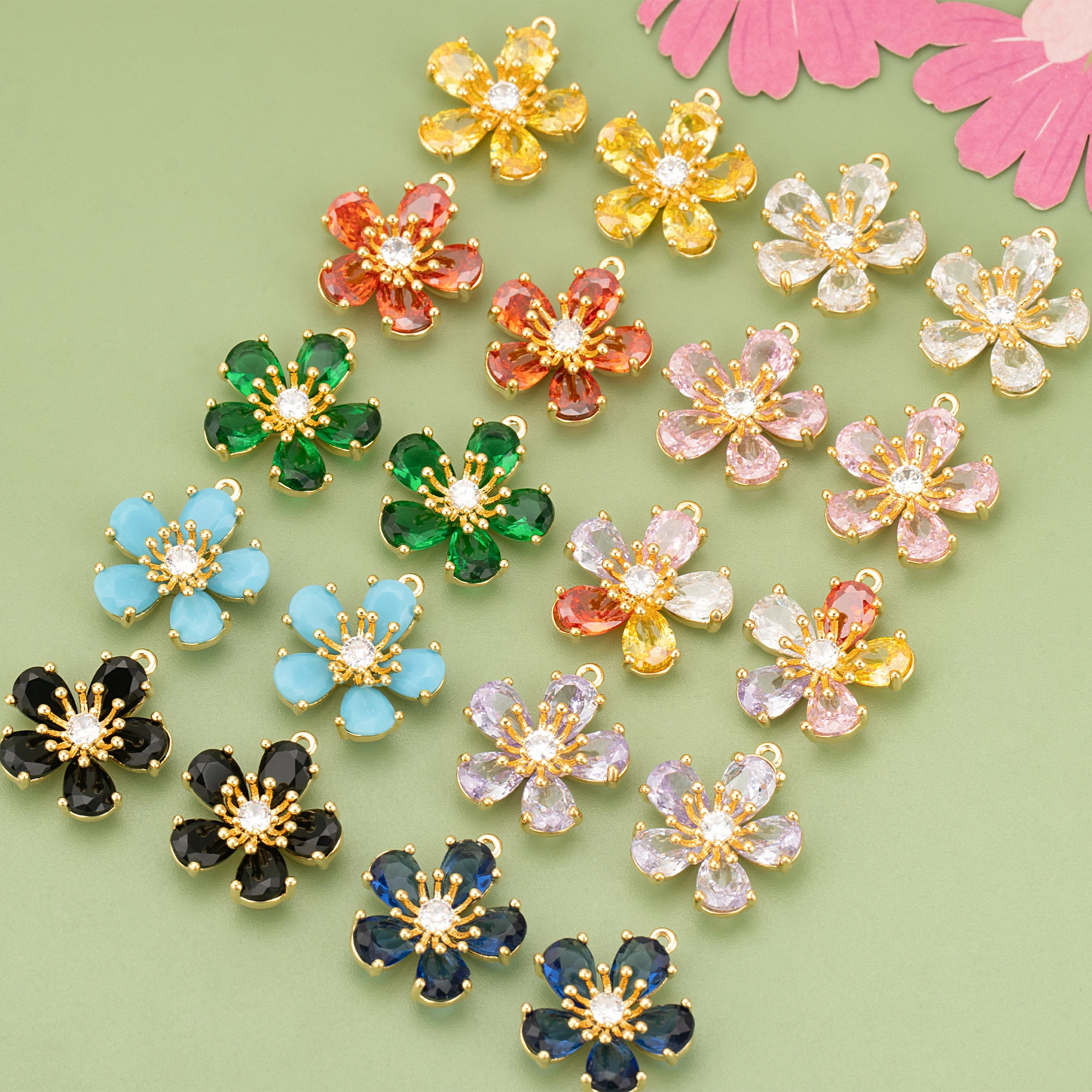 

(ME58) 6pcs 12.9X12.9MM Gold Color Copper and Zircons Flower Charms Pendants Diy Jewelry Findings Accessories