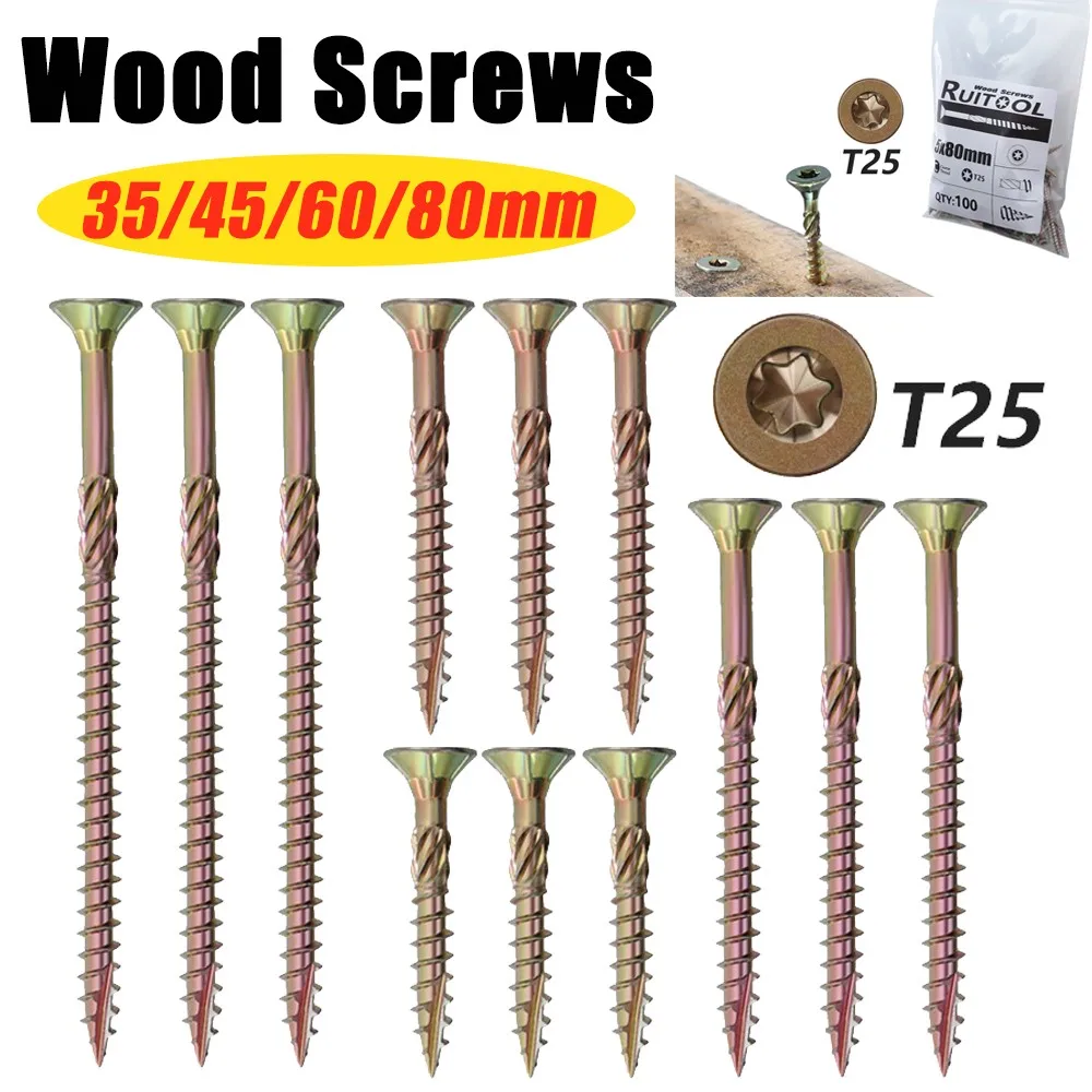 100pcs Wood Screws T25 35/45/60/80mm Flat Head Self Tapping Screws Torx Deck Screw Wood Binding Screws For Hardware