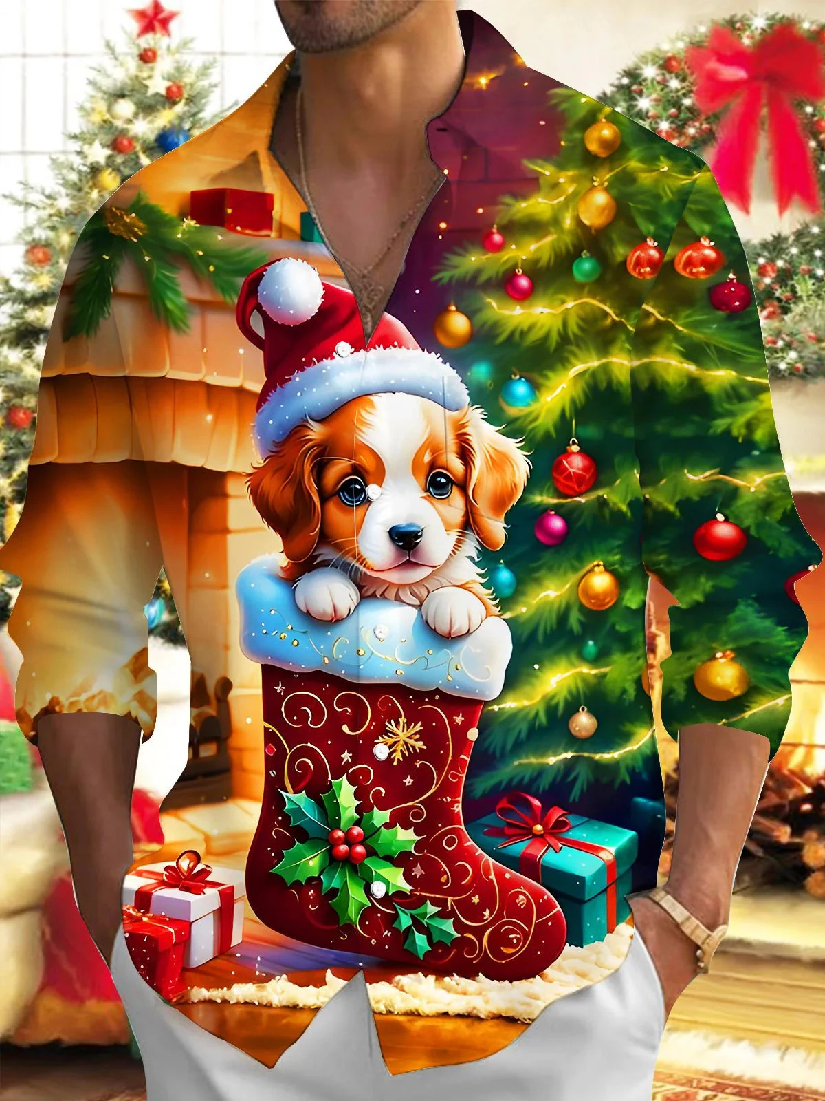 Christmas men's long-sleeved shirt with Christmas tree and puppy pattern, suitable for everyday wear and family gatherings.