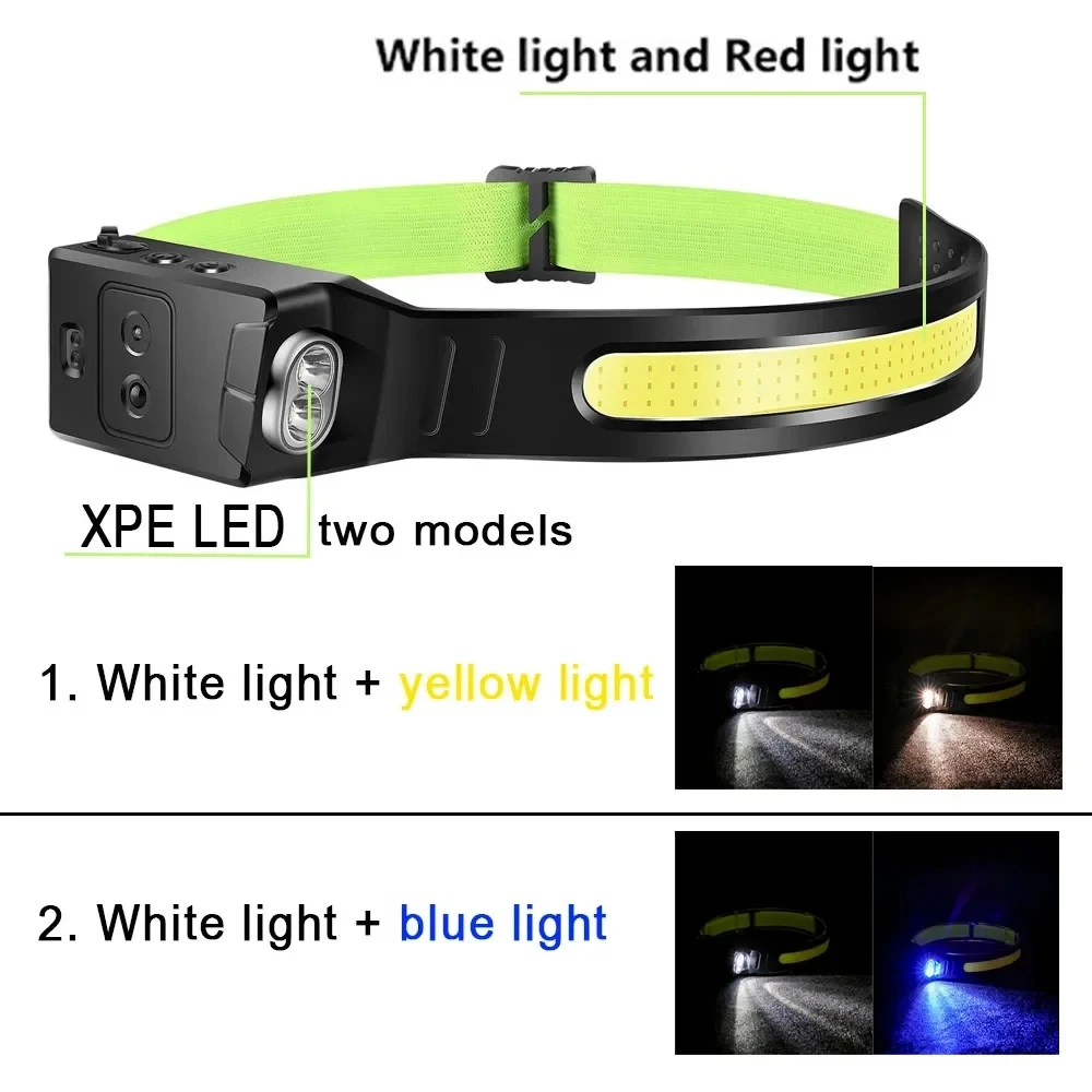 COB+XPE LED Induction Headlamp USB Rechargeable Head Flashlight Waterproof Headlight LED Head Torch for Outdoor Fishing Running