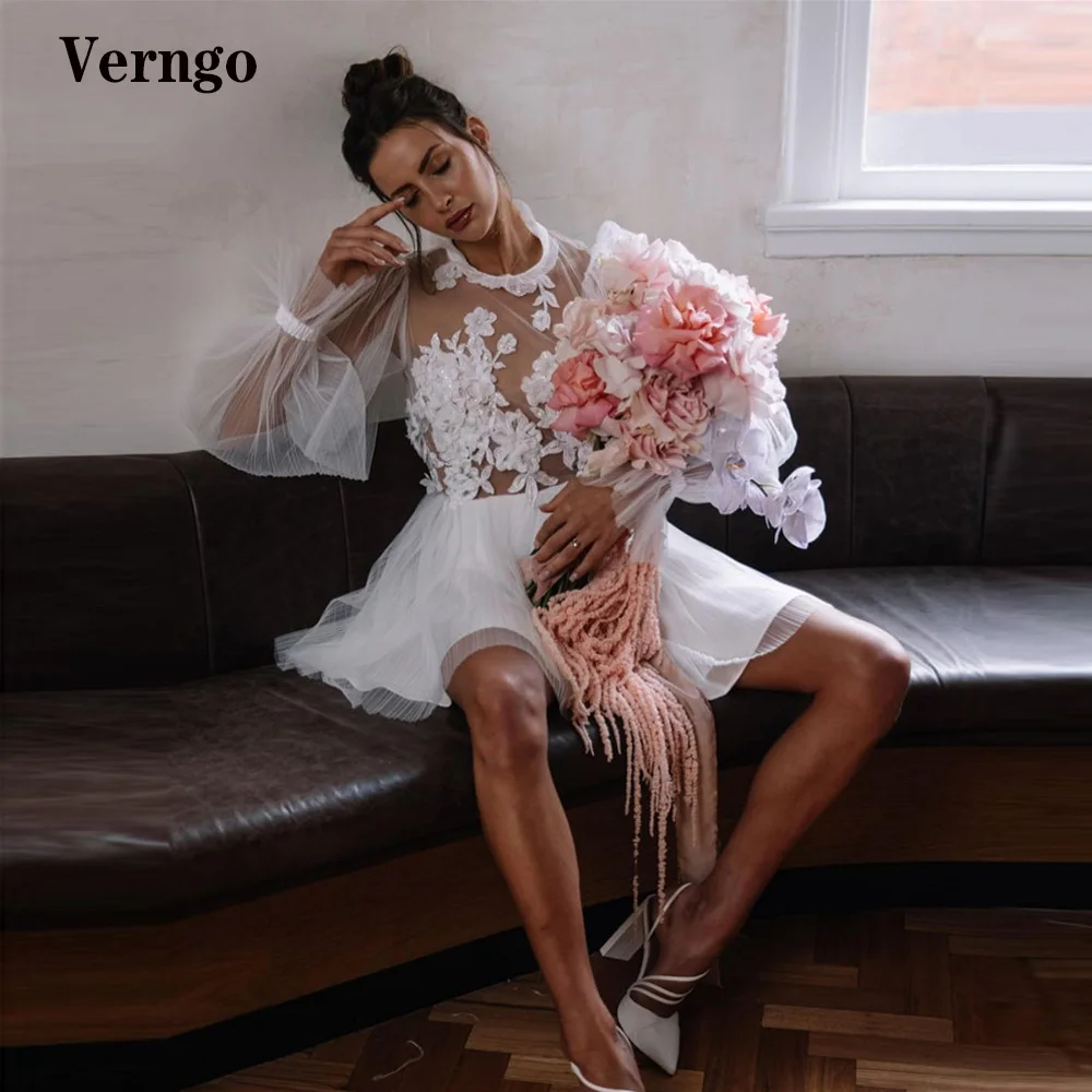 

Verngo New Tulle Short Wedding Dresse Puff Long Sleeves O-Neck 3D Flowers Mini Country Bride Gowns Party Dress Robe de mariage