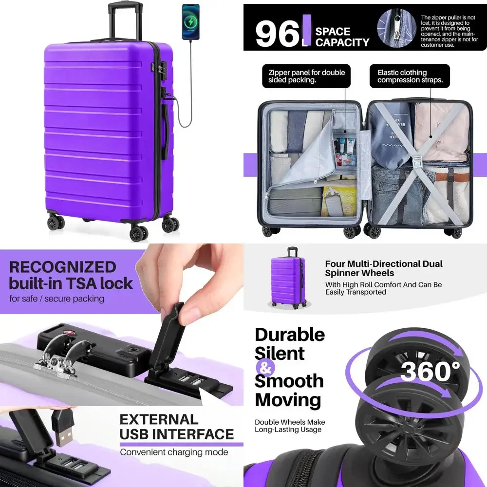 軽量ABSハードサイドスーツケース、USBポート、ホイール、TSAロック付き、バイオレットパープル、28インチ、大型チェックインバッグ