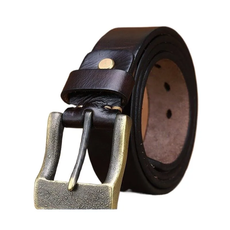 A-grade thickened top layer cowskin belt men's leather pin rugged copper