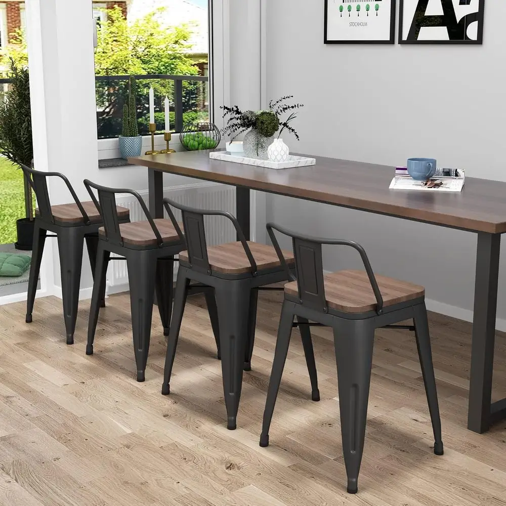 

Set of 4 Stackable Metal Bar Stools with Wooden Tops for Kitchen, Dining, or Classroom Use