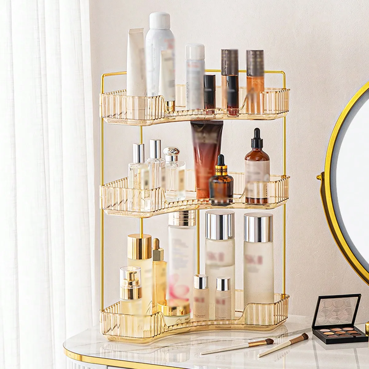 2/3 Tier Corner Makeup Organizer, Square Bathroom Countertop Storage Shelf, PET Large Capacity Cosmetics Box for Skincare Perfume Lipstick, Space Saver