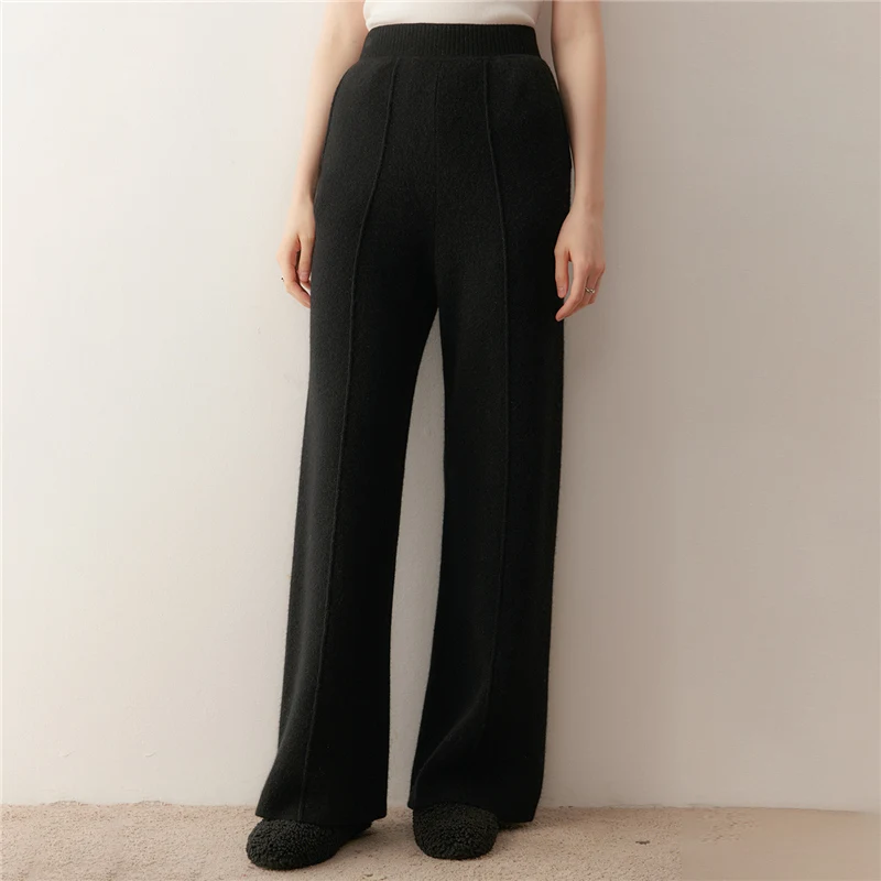 High waisted knitted wide leg cashmere pants for women, straight leg mid length honeycomb floor pants