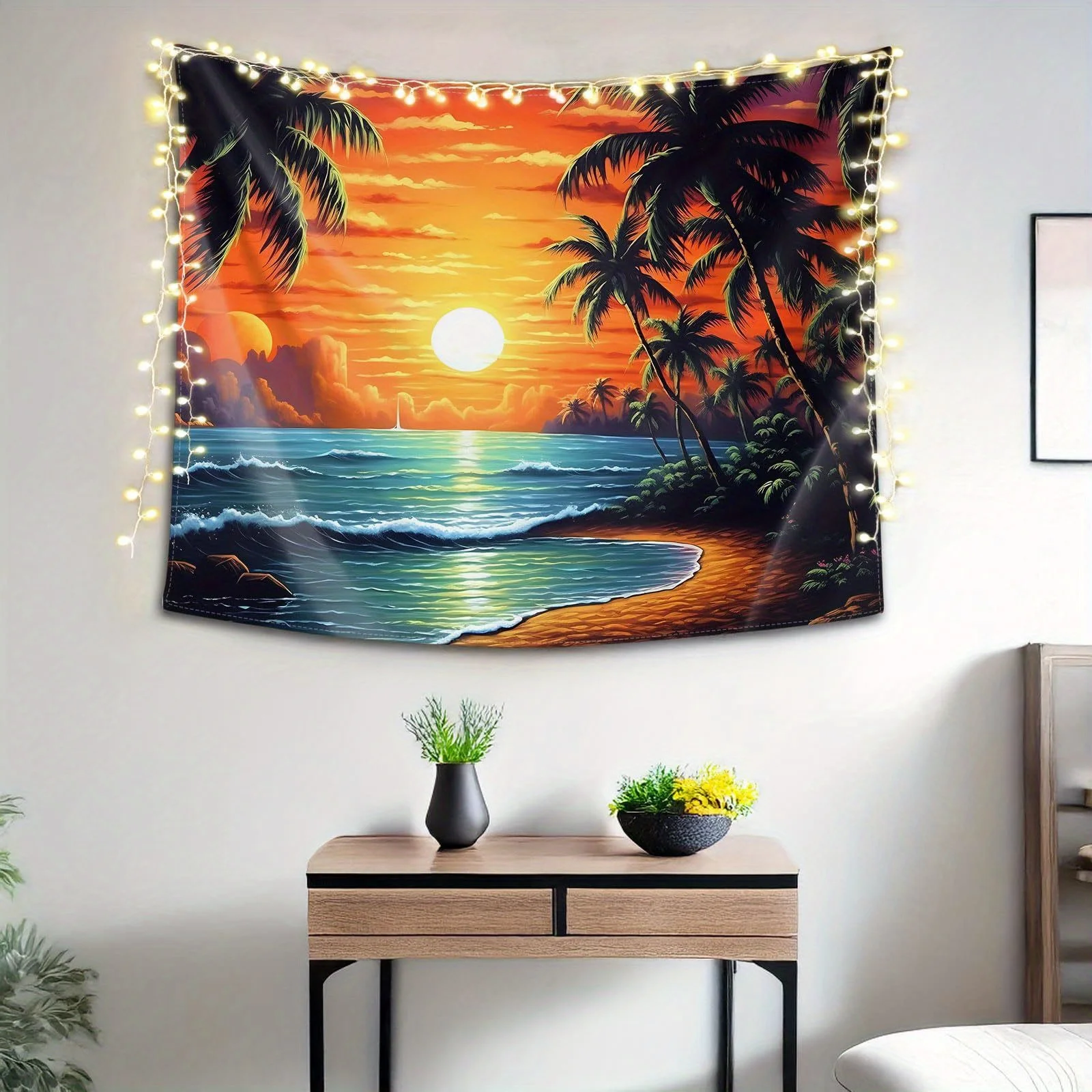 Tropical Sunset Tapestry: Vibrant, Serene, and Blissfully Relaxing Wall Art for a Beach-Inspired Decor Statement