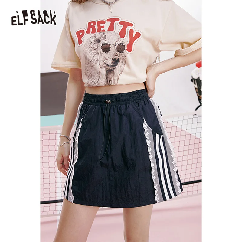 ELFSACK 2024 summer new arrival Cyan lace stitching A-line casual sports breathable workwear skirt for women