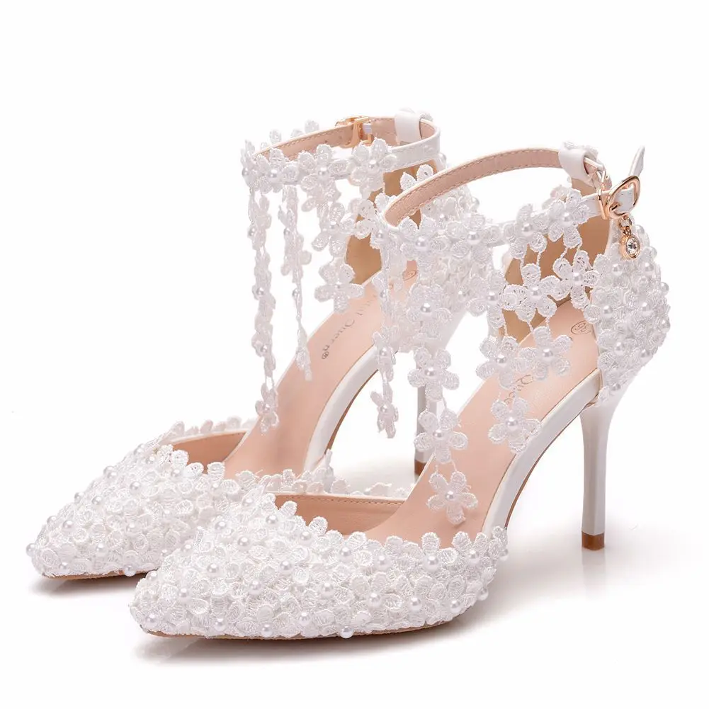 Comemore White Lace Flower Pumps Tassel Elegant Wedding Bridal Shoes Stiletto Pointed High Heel Shoe Women Sandals Heels Luxury