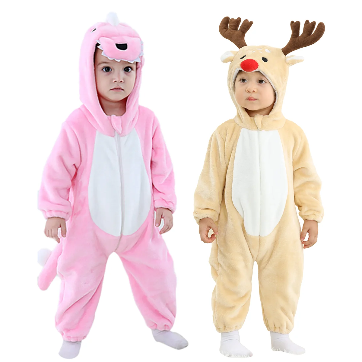Baby Flannel Romper Newborn Boy Reindeer Costume Toddler Girl Christmas Elf Outfit Infant Halloween Dinosaur Hooded Pajamas