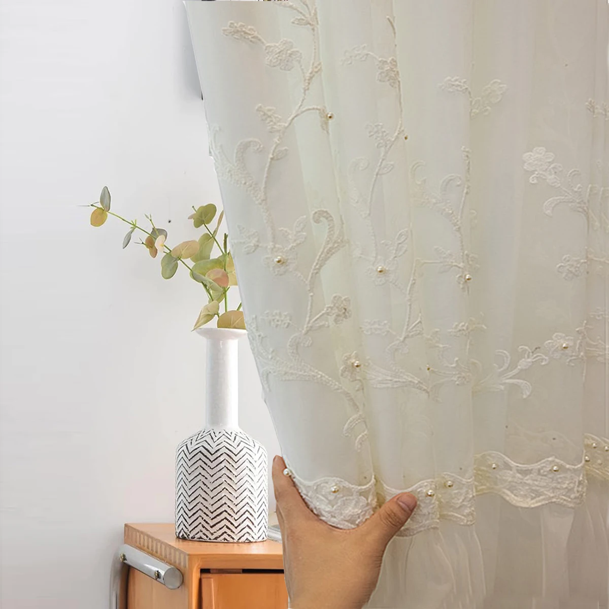 1pc Elegant White Beaded Lace Double Layer Translucent Bedroom Curtains,Romantic European Style Sheer for Living Room Home Decor