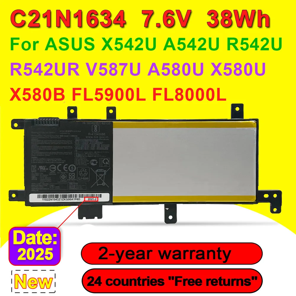 

C21N1634 Аккумулятор для ноутбука ASUS X542U A542U R542U R542UR V587U A580U X580U X580B FL5900L FL8000L серии 7,6 В 38 Втч 5000 мАч