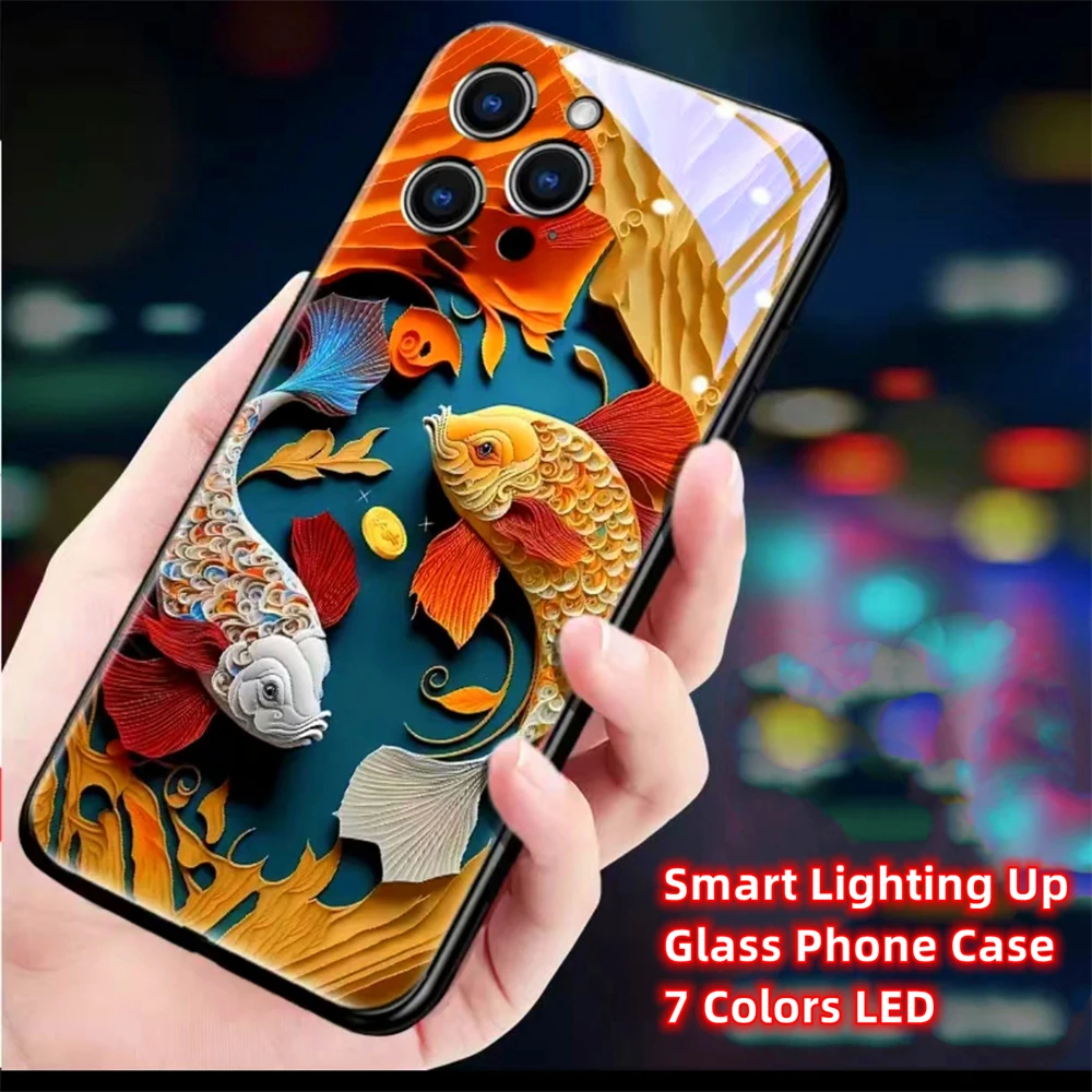 

Luxury Koi Carp Luminous Glass LED Call Light Up Flash Phone Case Cover For iPhone 16 15 14 13 12 11 Pro Max XR XS Plus 7 8 SE