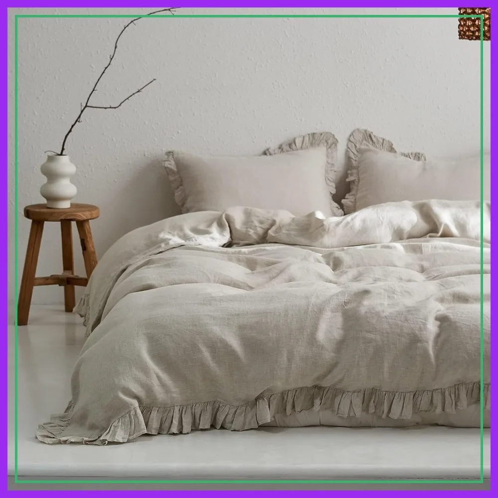 

100% Linen Duvet Cover Set, 3 PCS Natural French Flax Ruffle Duvet Cover King Size, Breathable Comfy Linen Bedding Comforter Cover with 2 Pillowcases