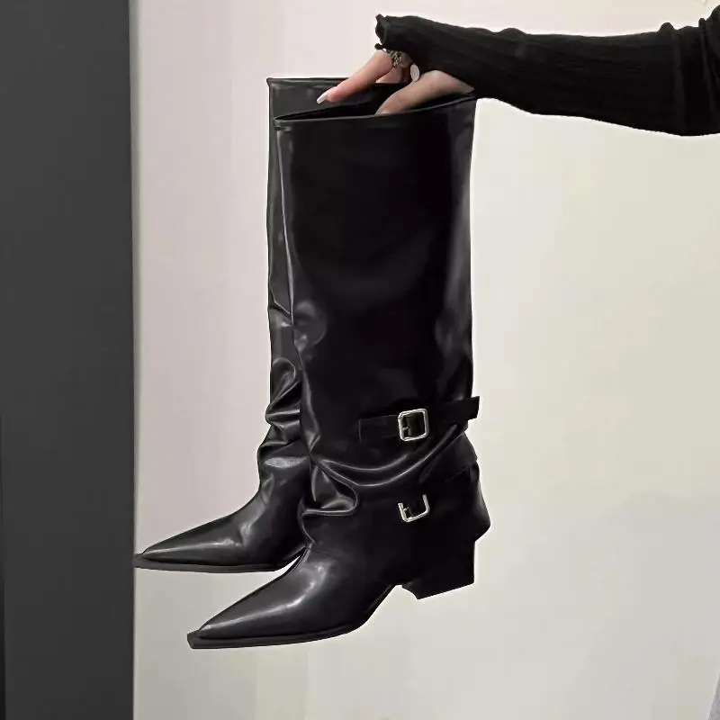 Vintage Thick Heel Woman Long Boots Shoes 2026 Spring Autumn Ladies Elegant Belt Buckle Knight Botas image 5