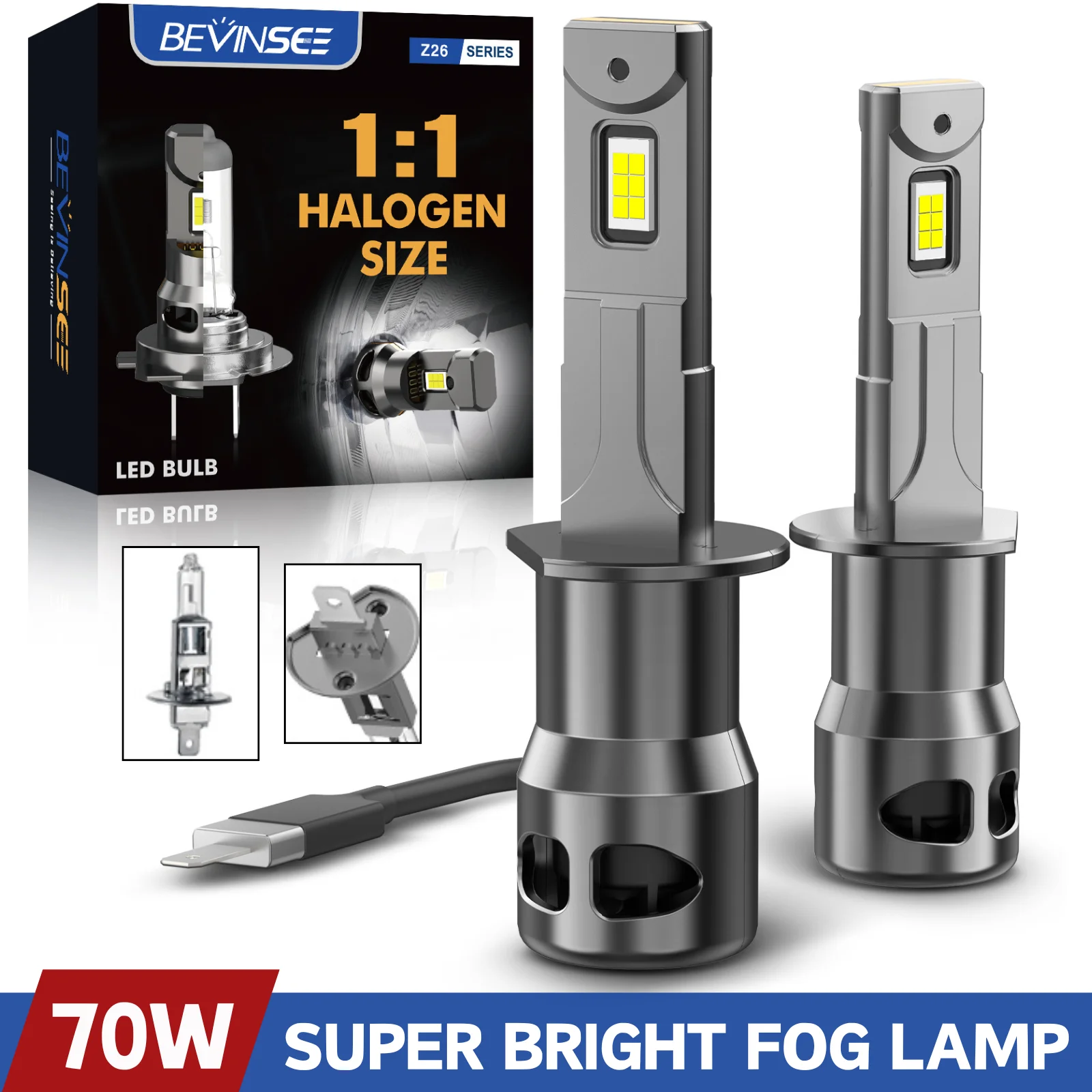 

BEVINSEE Ampoule LED H1 CANBUS Мощные лампы H3 H27 880 881 Светодиодные противотуманные фары для автомобиля Мини-размер Turbofan Plug&Play 6000K Белый 12 В