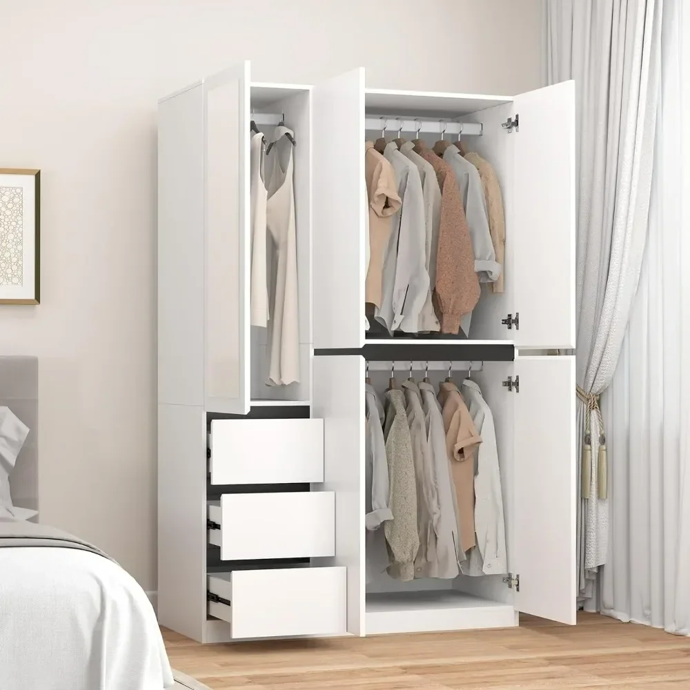 for 5 Door Wardrobe Closet with 3 Drawers & Mirror, Wooden Bedroom Armoires with Shelves and Hanging Rod, Wardrobe Cabinet