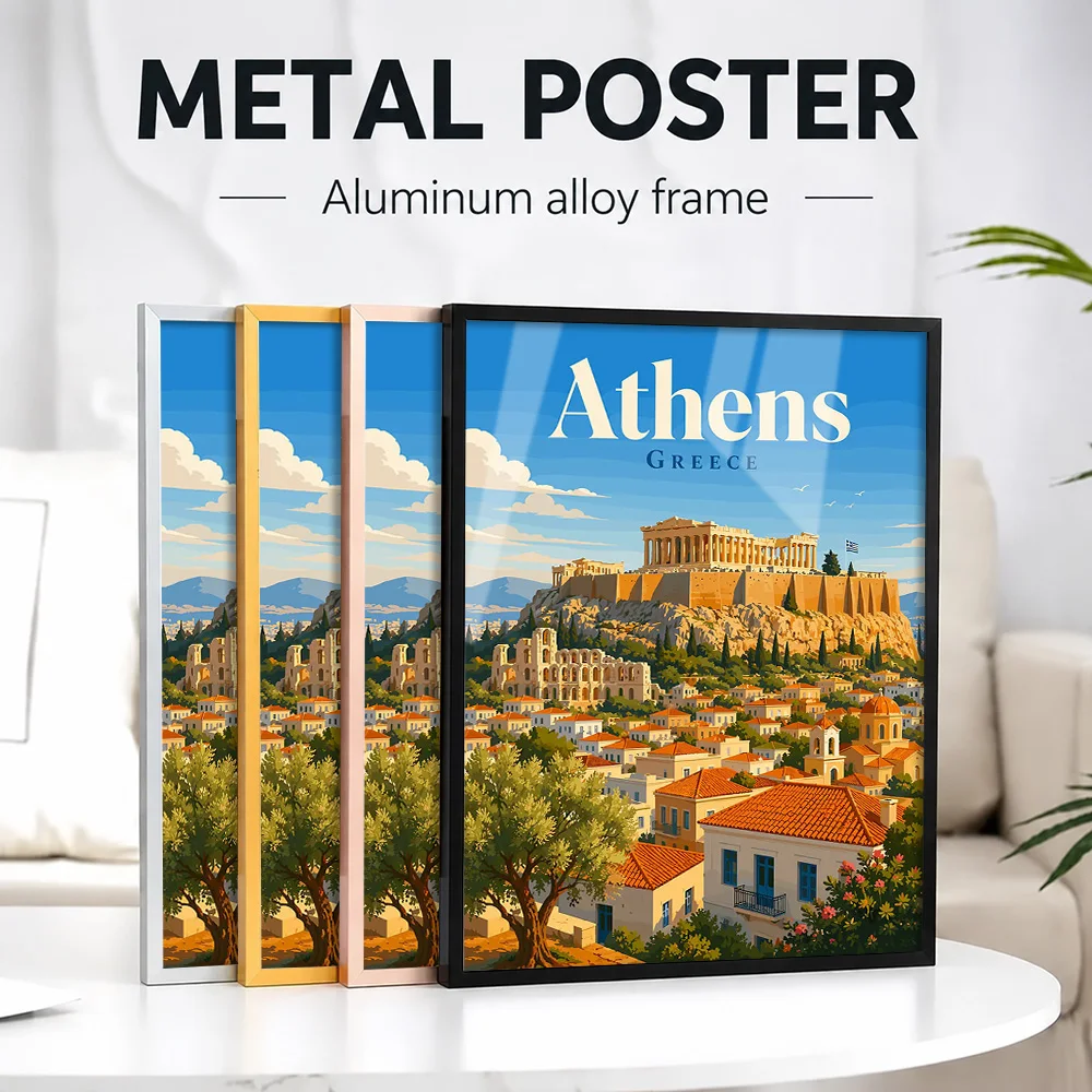 Athens Greece Travel Framed Metal Print Customized Photo Modern Scenic Style Wall Art For Living Room And Office Vacation Gift