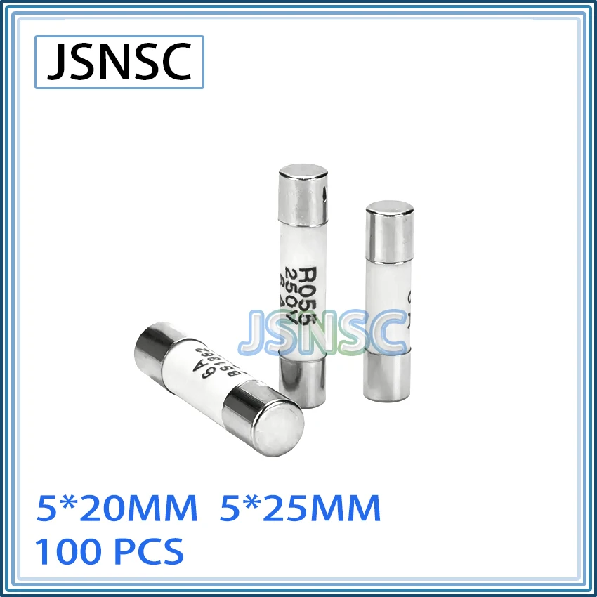 JSNSC Ceramic fuse 100pcs 5*20 5*25 5X20MM 5X25MM 0.5A 1A 2A 3A 4A 5A 6A 8A 10A 13A 15A 16A 20A 250V R054 RO54 R055 RO55