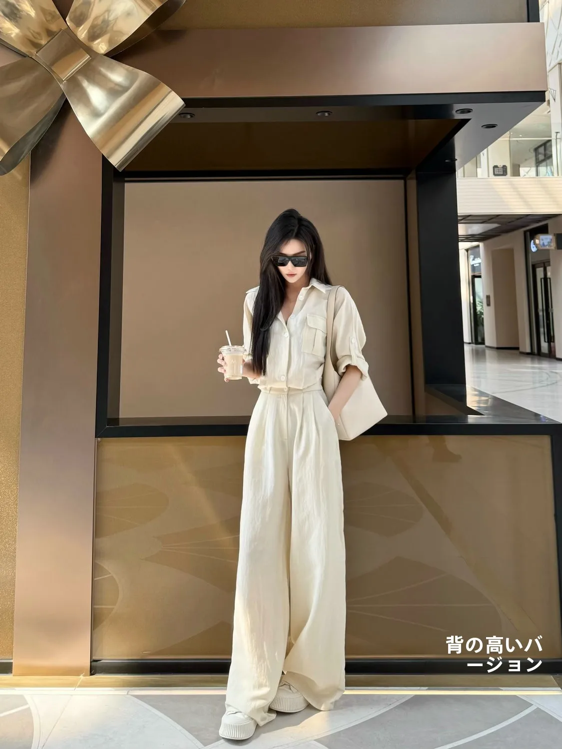 

Extended Length Cotton Linen Drapey Shirt Style Wide Leg Pants High Waist Commute Style Female Suiting Summer Onesie