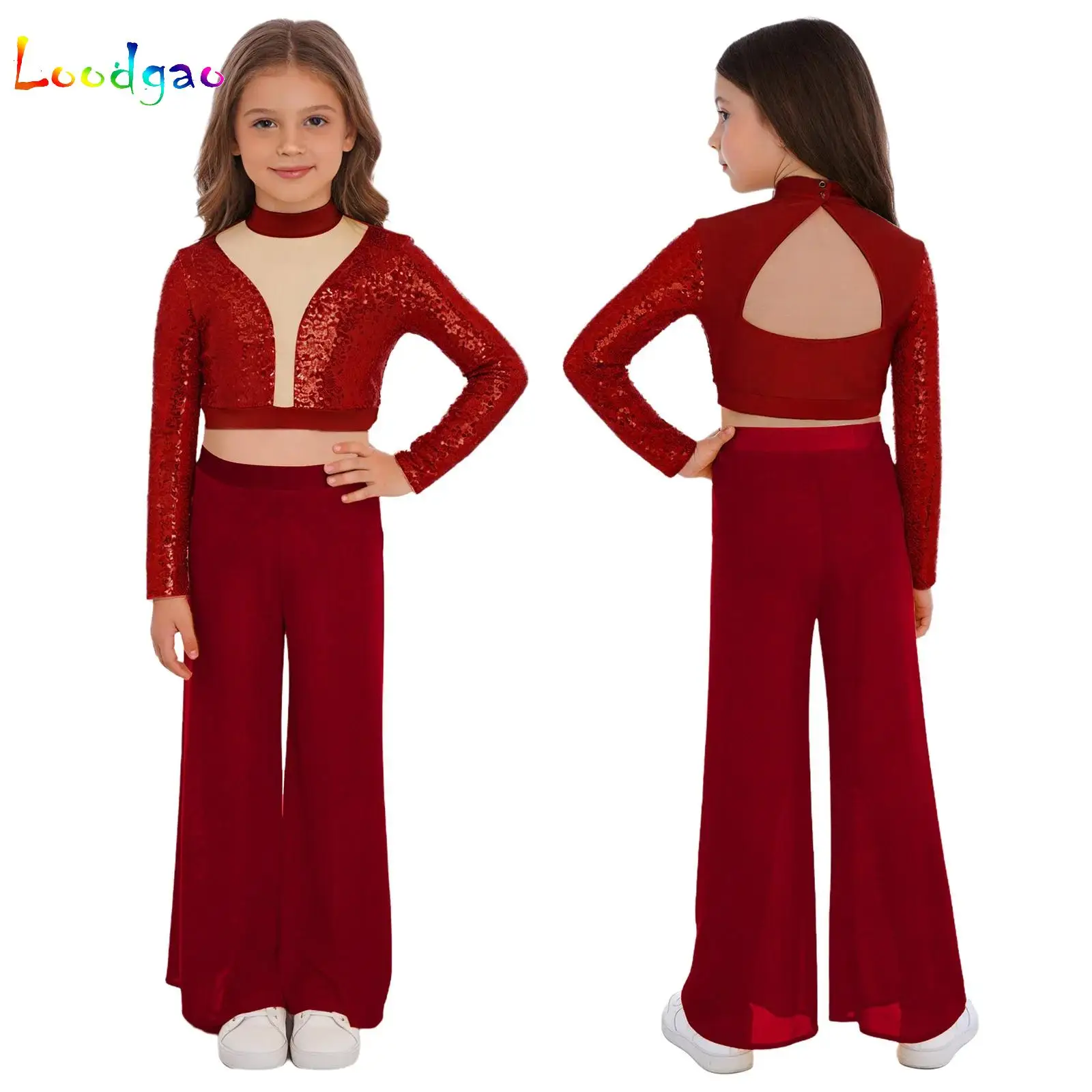 

Girls Shiny Sequins Ballet Dance Set Long Sleeve Cutout Lyrical Crop Tops with Mesh Wide-Leg Pants Modern Contemporary Dancewear