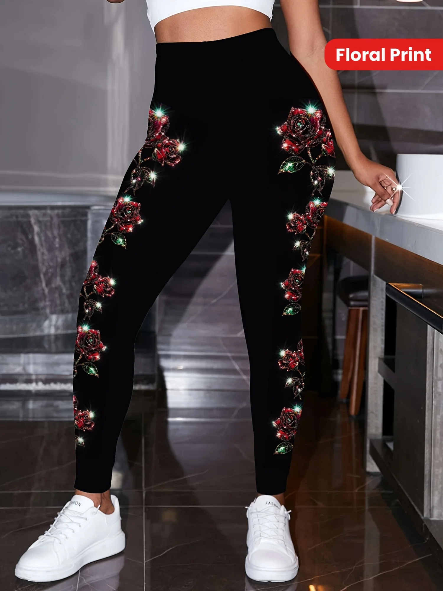 Women Fleece‑Lined Leggings Side Red Rose Floral Print Mid‑Waist Winter Warm Casual Bottoms