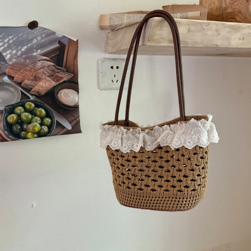 Beige Coffee Brown Crochet Lace Tote Hollow Out Woven Straw Shoulder Bag Openwork Lace Bohemian Boho Summer Beach for Women Girl