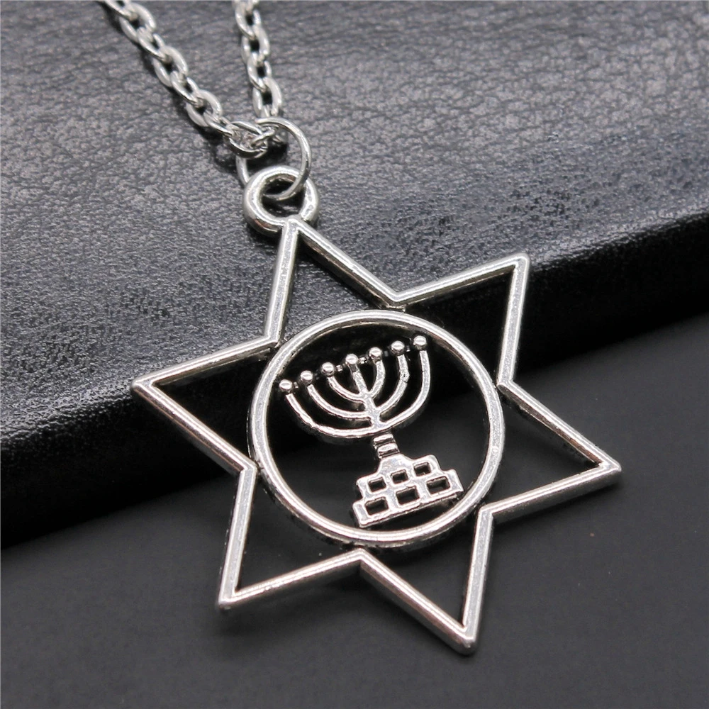 Simple Antique Silver Color 39x32mm Judaism Menorah Star Of David Charms Pendant Necklace Short Chain Necklace