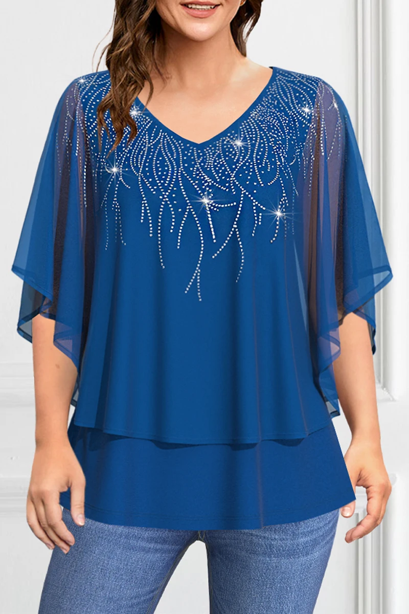 Flycurvy-Blusa de talla grande azul brillante con mangas acampanadas, blusa brillante en capas, Tops con cuello en V