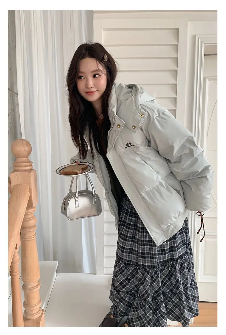 Korean Style Thickened Puffer Jacket for Women Loose Fit Warm Padded Coat Students Winter Solid Color All Match Hooded Parkas
