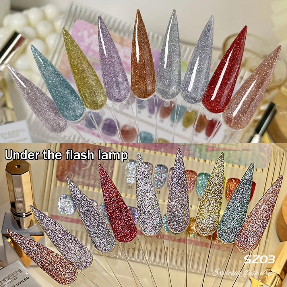 Vendeeni 9 Farben/Set Glitzer-Broken-Diamond-Gel-Nagellack UV LED Soak-Off Gel-Lack Grün Lila Rot Flash Gel mit Display – Detail 15