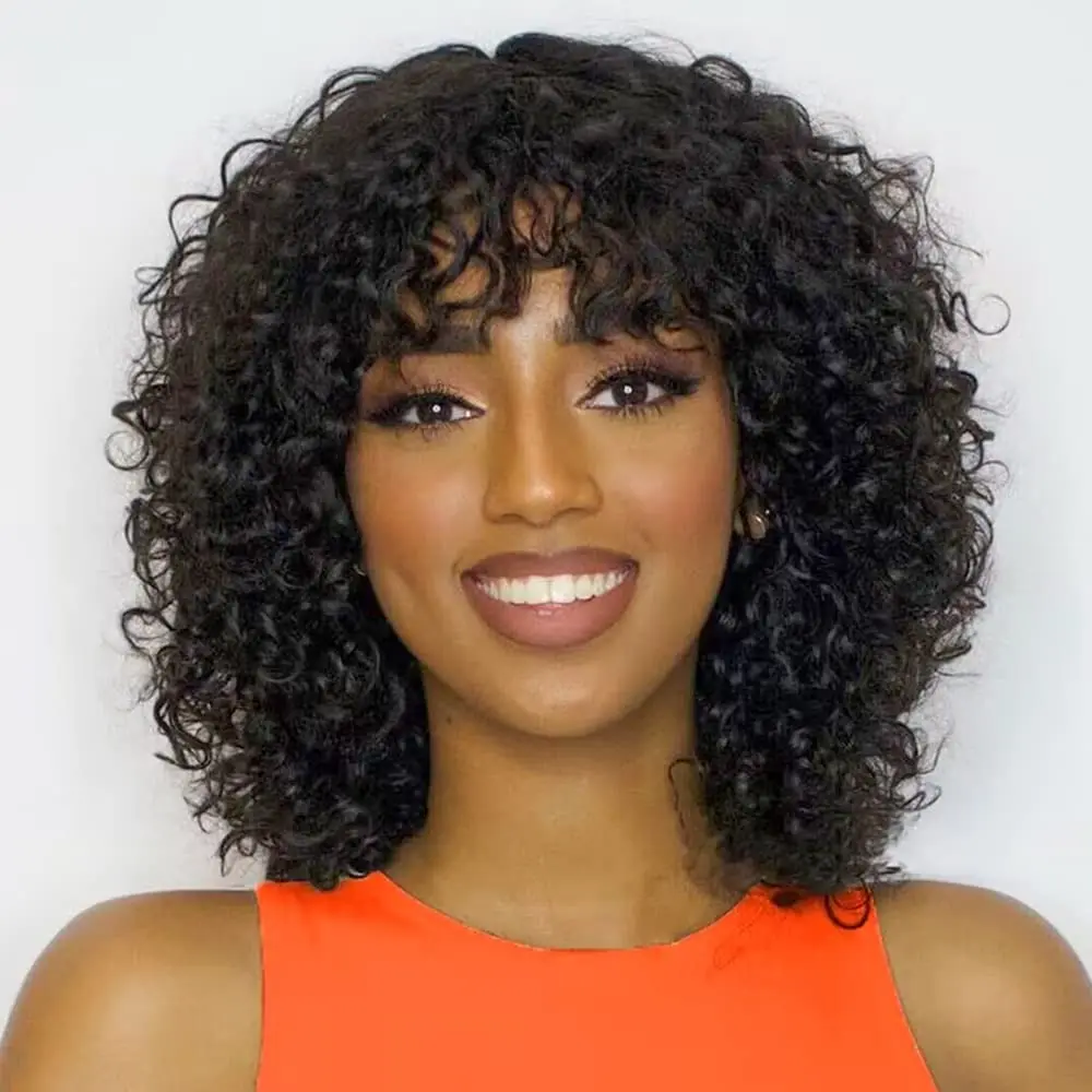 Short Bob Curly Human Hair Wigs With Bangs Wear And Go Glueless None Lace Front Human Hair Wigs For Black Women 180% Density