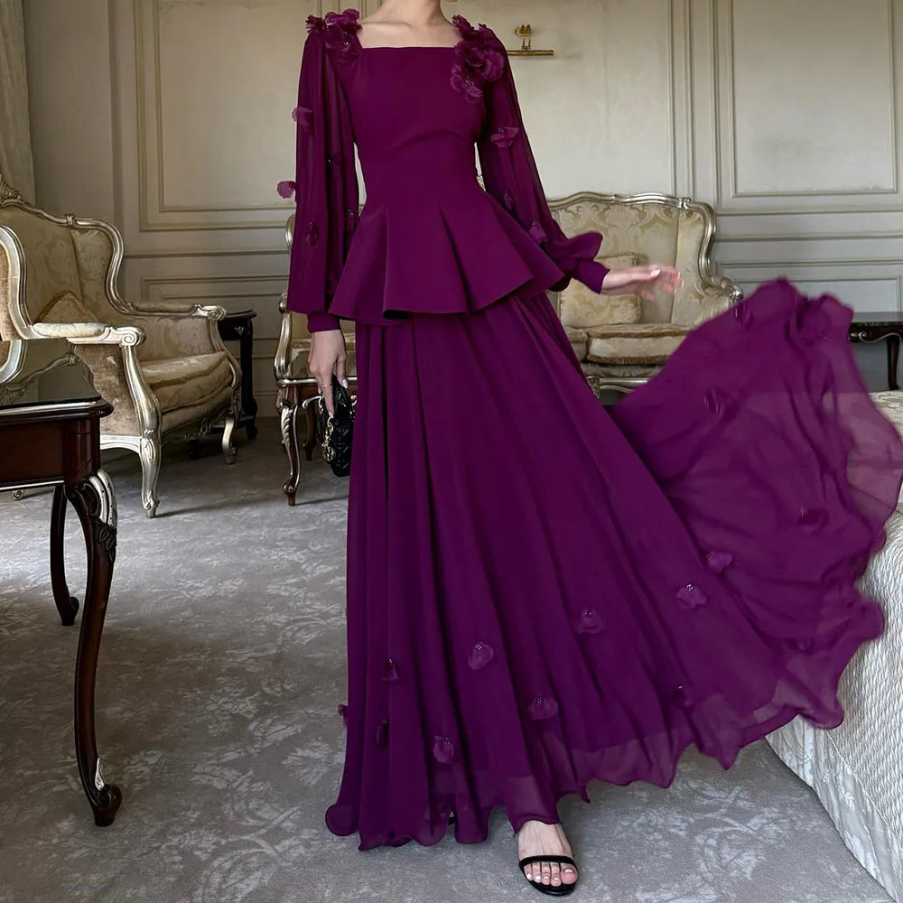 

Customized A-line Evening Dresses Floor-length Square Collar Full Sleeve Prom Gown Simple Fashion Flowers Draped Party Gown