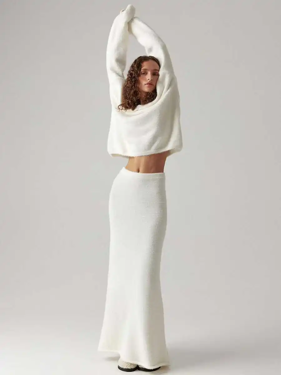

Simple V-ne Knitted Sweater And Skirt Set Long Sve Autumn Faion Women's Ensemble f-length Skirt Two-piece Suit