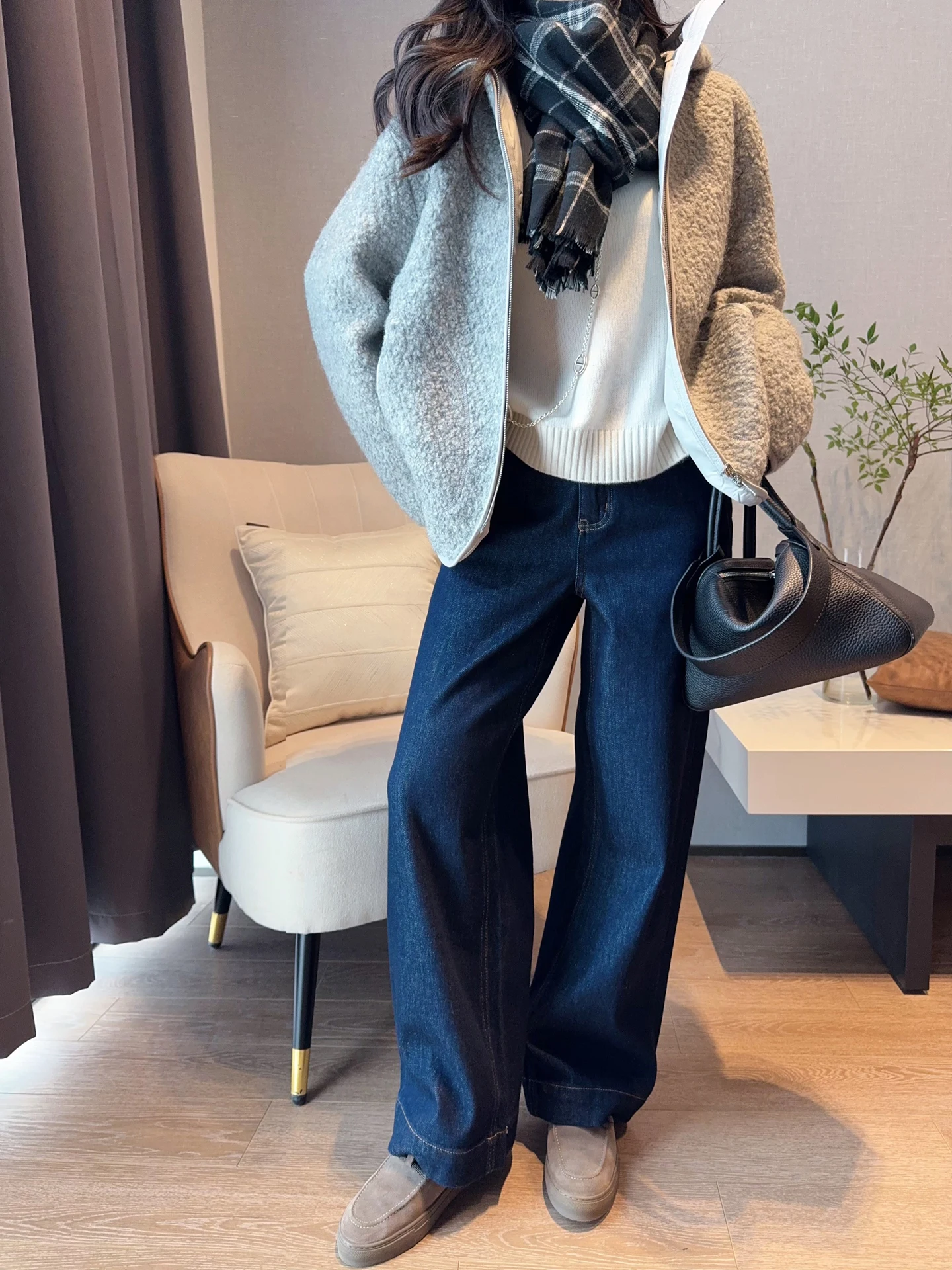 

Deep Blue Fleece Lined Straight Leg Wide Leg Jeans High Waist Comfortable Warm Fashionable Autumn Winter Casual Cotton Pants