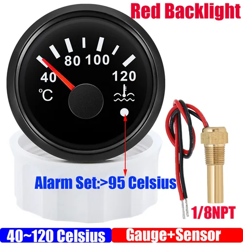 40~120 ℃   Medidor de temperatura del agua de 52mm + Sensor con alarma de Flash medidor de temperatura del agua de luz roja impermeable para coche barco 12V 24V personalizado