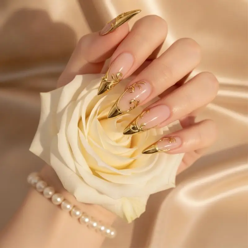 24Pcs Medium Long Fake Nails Square Shape Nude Golden Gilding Flora Design