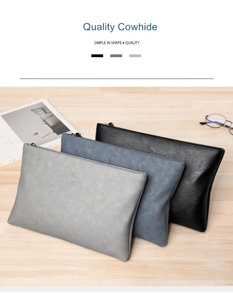 Cowhide Envelope Wallet Moneybag Men\'s Soft Leather Bag Handbag Large Capacity Multi Card Holders Business Leisure Letter Gray