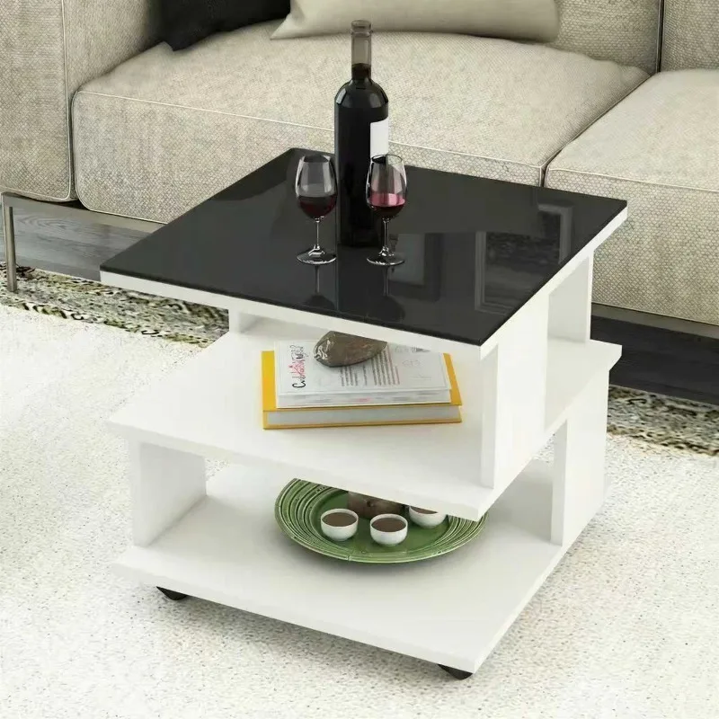 Side table, living room small coffee table movable simple small side table tempered glass surface sofa side coffee table cabinet