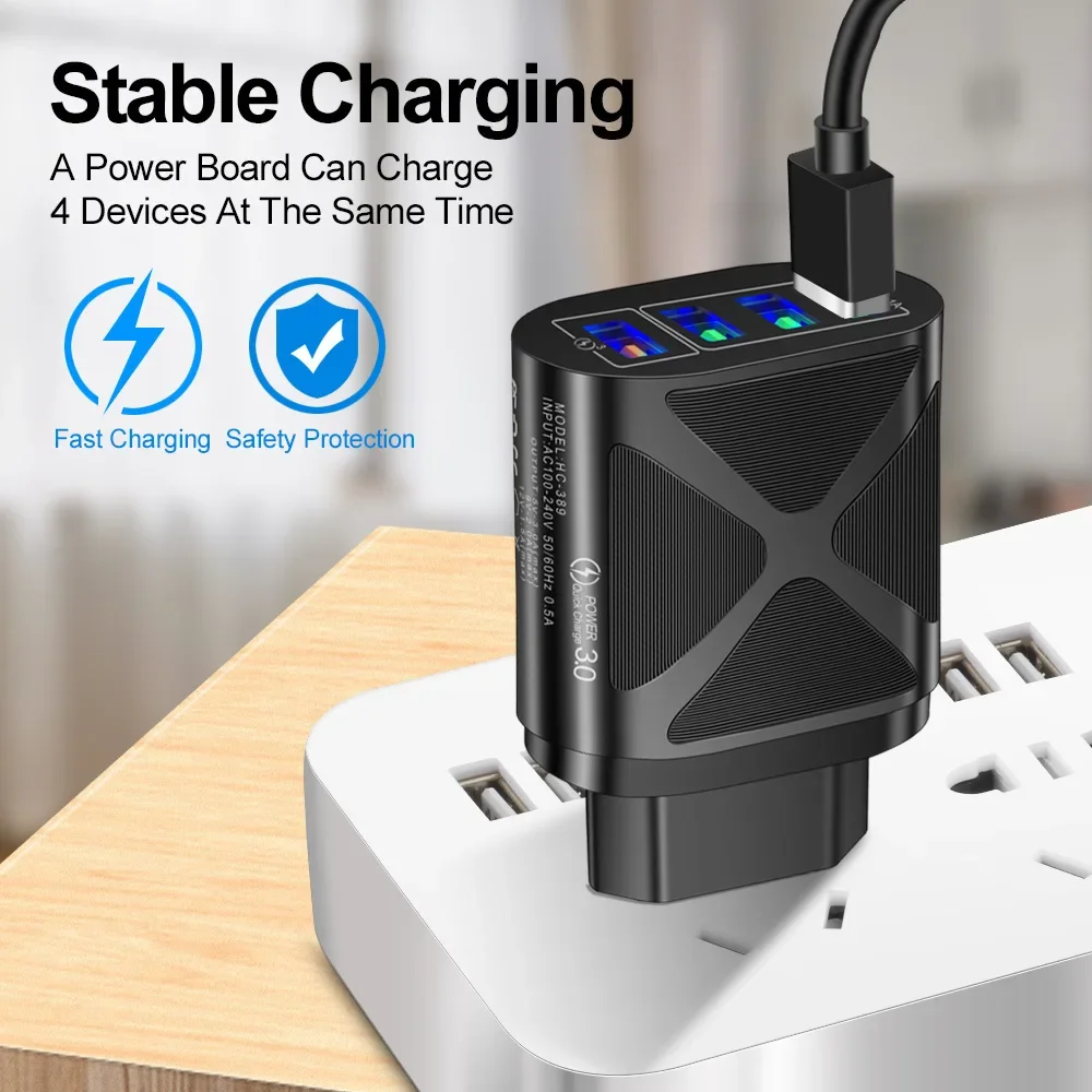 4 Port USB Fast Charging Charger QC3.0 Quick Wall Adapter EU/US/UK/KR Plug for iPhone Samsung Xiaomi Multi Port Charging Station