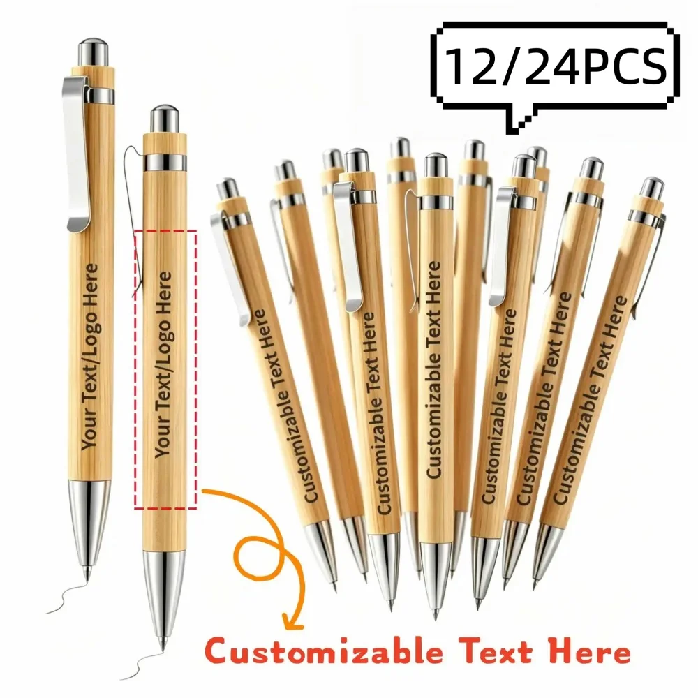 12/24PCS Custom Logo Bamboo Pen Personalized Ballpoint Pens Office Supplies Wedding Gift Favors For Guest Baby Shower Decoration