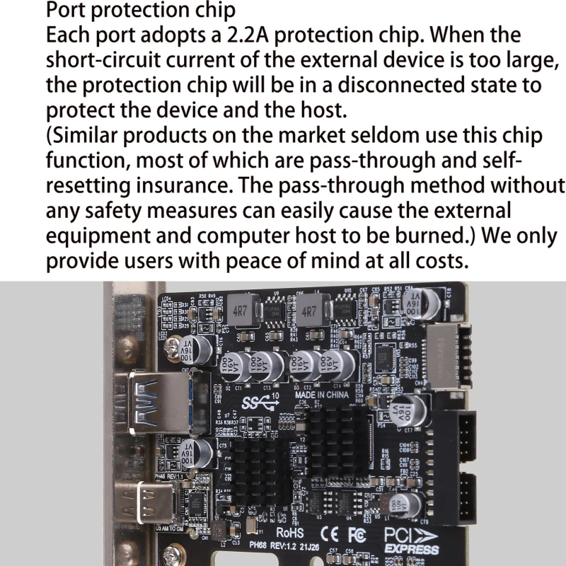 2 Ports PCI-E 4X to USB 3.2 Gen 2 A Type C Expansion Card front Type E 19P/20P Connector 10Gbps Full Speed Transmisson