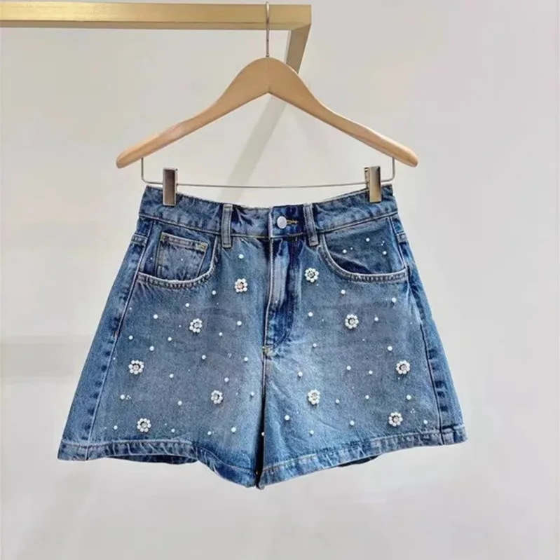 

Ограниченная серия 2025, весенние жемчужные бусины и окрашенные в воде джинсы, удобные широкие короткие брюки, джинсовые шорты