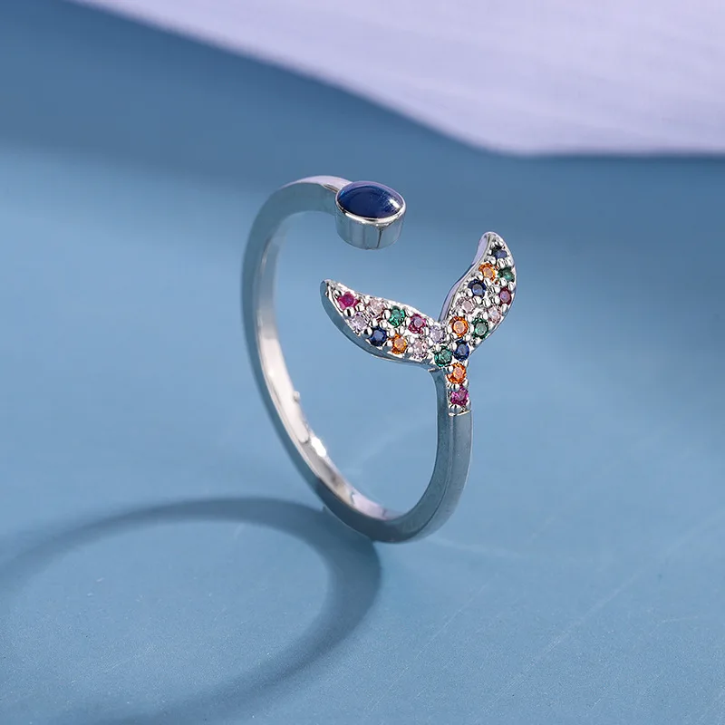 New Fashion Style Colorful Fish Tail Set Diamond 925 Sterling Silver Creative Personalized Opening Rings  R073