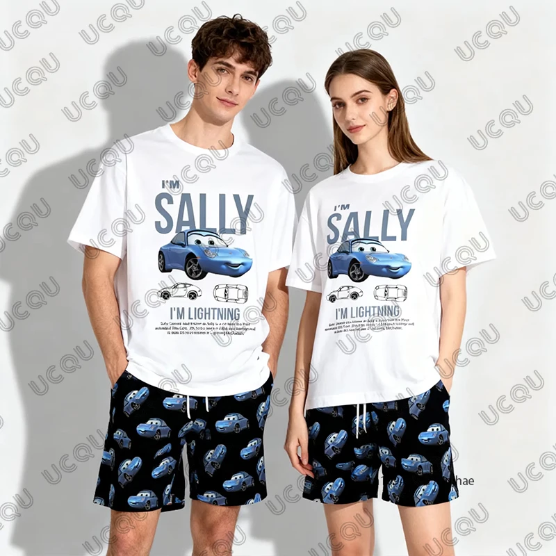 

2026 Summer Men's Sets Lightning McQueen & Sally Cars Printed T-shirt+Shorts Sets Casual Couple Suit Oversized 2 Piece Outfits