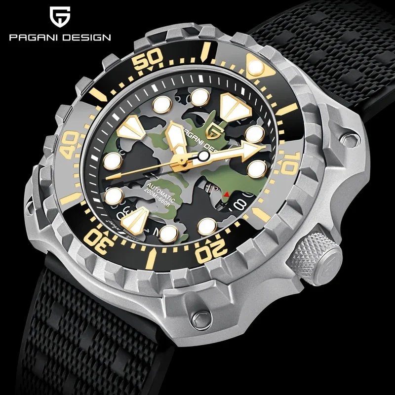 PAGANI DESIGN PD-YN009 Men Automatic Mechanical Watch 40.7MM Camouflage Dial NH35 Movement Sapphire Glass Rubber Strap Diver Spo