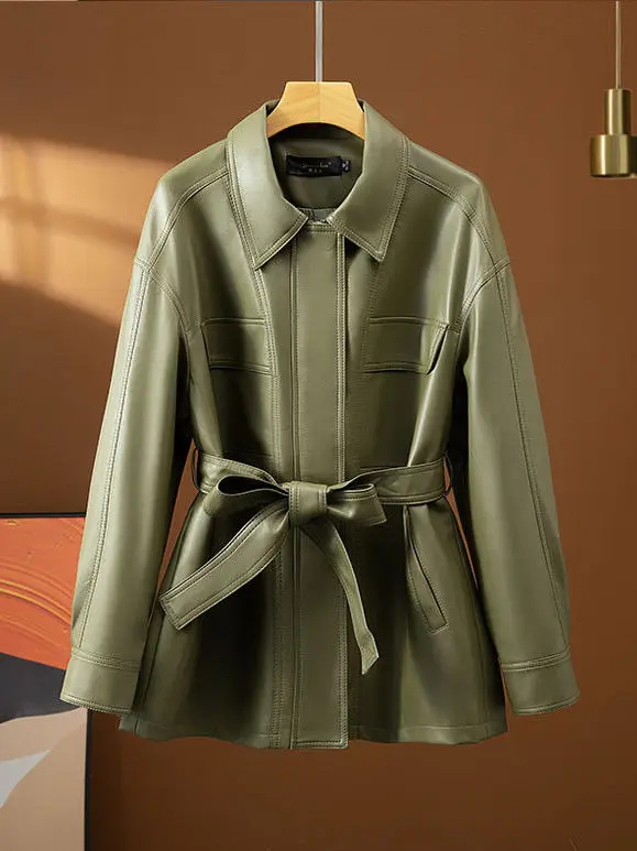   Ning 本物の羊革レザージャケット レディース スプリングオータム ウエストを締めるベルト付き ミディ丈 ウインドブレーカー