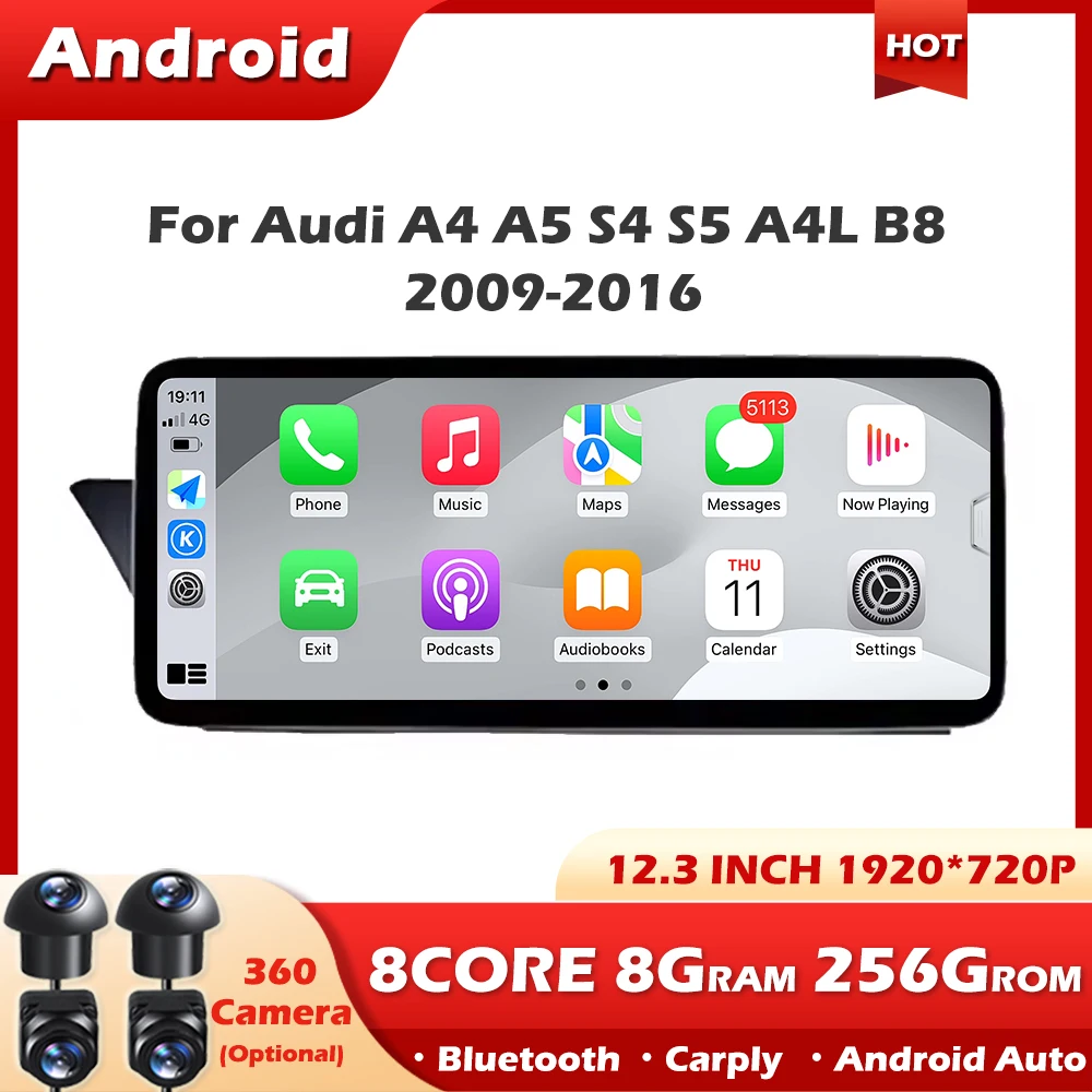 

For Audi A4 A5 S4 S5 A4L B8 2009-2016 12.3 Inch Android Touch Screen Car Carplay Monitor Stereo Speakers Radio Multimedia Player