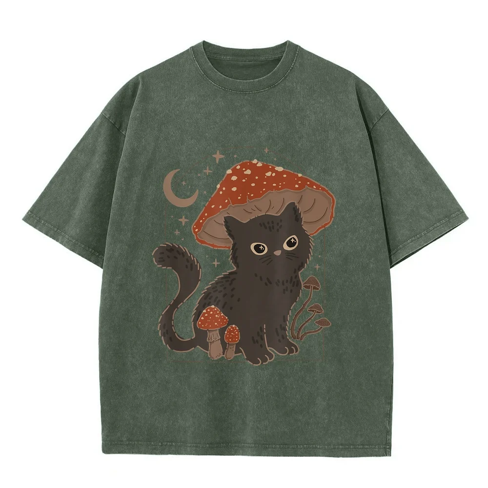 Cute Cottagcore Cat Mushroom Hat Vintage Grunge Aesthetic T-Shirt Camiseta Masculino Original Men T Shrits めんずファッション Tee Pet